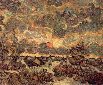 Vincent Van Gogh : Cottages and Cypresses at Sunset with Stormy Sky